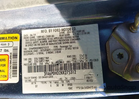 2019 Ford Fusion Se z USA, uszkodzony, nr VIN 3FA6P0HD2KR275312